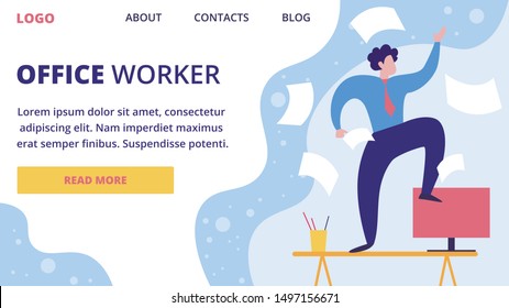 Office Work, Business Time Management Flat Vector Web Banner, Landing Page Template with Office Worker, Company Employee Standing on Work Desk, Trying to Catch Flying around Documents Illustration