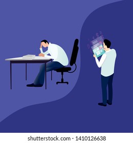 Office work. Businessman working on projects from home. Work from home. Office worker concept. Vector flat illustration