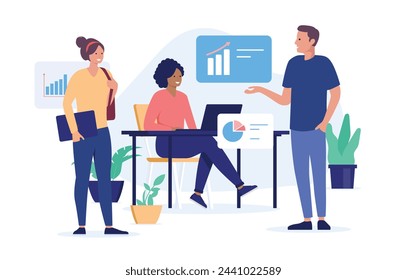 Trabajos de oficina, empresarios y gráficos - Equipo de diversas personas de negocios que trabajan y discuten datos juntos. Ilustración abstracta del vector corporativo en diseño plano con el fondo blanco