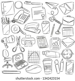 Office Work Clip Art. Doodle Icons Sketch Hand Made Design Vector Illustration Clip Art.