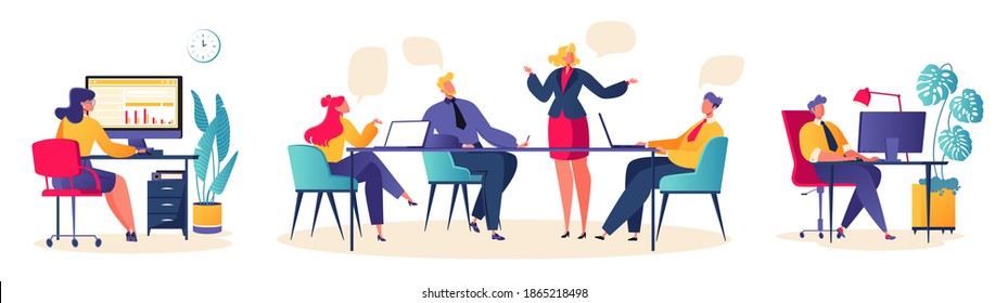 Office work, co working, concept illustration. Young people, male and female business people work in an office or co working space with laptops and computers. Vector illustration in flat cartoon style