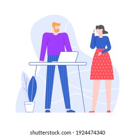 Office work colleagues have discussion together. Manager guy, leadership role at workplace, characters have project collaboration. Business professional cooperation, vector illustration