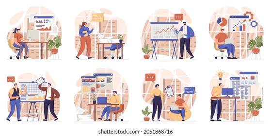 Office work collection of scenes isolated. People make presentations, brainstorming, complete tasks, set in flat design. Vector illustration for blogging, website, mobile app, promotional materials.