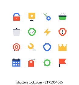 Emoji de trabajo de oficina y comercio - conjunto de iconos de diseño plano, aislados en fondo blanco. Imágenes de bloqueo, taza, carrito de la compra, llave, papeleta, rayo, blanco, destornillador, equipo y bandera