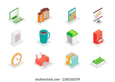 Office work concept 3d isometric icons set. Bundle elements of computer, calculator, data analysis, document, coffee cup, bin, clock, printer and other. Vector illustration in modern isometry design