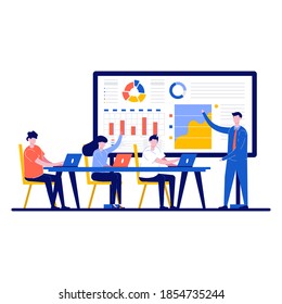 Concepto de trabajo de Office con carácter. Proceso de flujo de trabajo corporativo. El equipo de negocios se reúne y trabaja juntos en el gran escritorio con ordenadores portátiles. Ilustración plana moderna para la página de inicio, imagen de héroe.