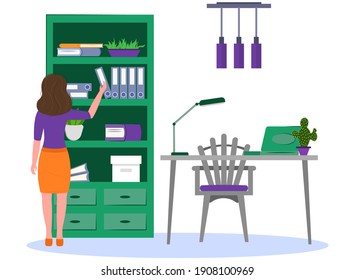office work concept design. woman working in the office. business woman takes documents. Vector illustration. office room design.