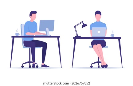 Concepto de trabajo de oficina. Trabajar en casa. Ilustración vectorial plana de color. Aislado sobre fondo blanco.
