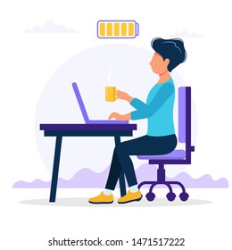 Office work concept illustration with happy male office worker sitting at the table with full battery. Happy worker. Vector illustration in flat style