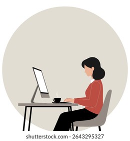 Office work concept illustration with happy female office worker sitting at desk. Happy working. Vector illustration in flat style illustration