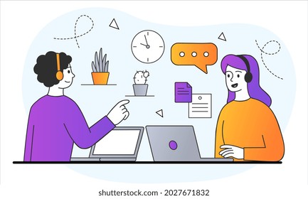 Office work concept. Man and woman are sitting at desk and working on laptops. Business topics. Employees discuss the project. Cartoon doodle flat vector illustration isolated on white background