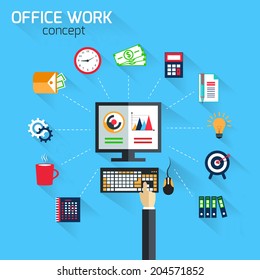 Office work concept on blue background with computer hand bulb icons vector illustration