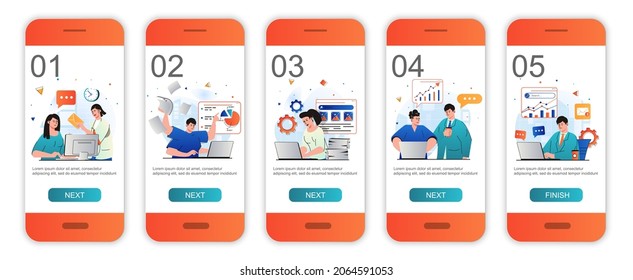 Concepto de trabajo de Office en pantallas de conexión para plantillas de aplicaciones móviles. Colegas haciendo tareas, papeleo. Moderno interfaz de usuario, UX, GUI pantallas de interfaz de usuario con escenas de personas para el diseño web. Ilustración del vector