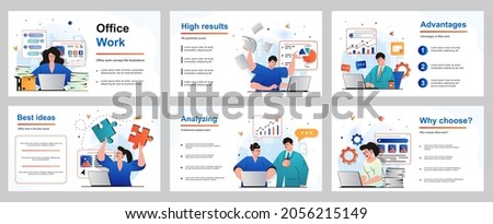 Office work concept for presentation slide template. Employees working at laptops, perform tasks, paperwork, make reports and presentations at business meeting. Vector illustration for layout design