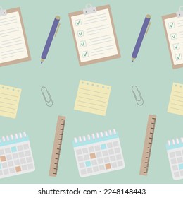 Office work concept. Seamless pattern with office and education elements - pen, calendar, sticker and folder.