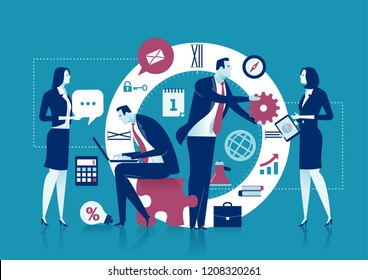 Office Work. Concept - Time. The team is working in front of a big clock face. Business concept vector illustration.