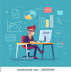 Office work concept vector with handsome businessman working behind his computer with office process icons on background.
Data analysis. Graphs and charts. Office routine.