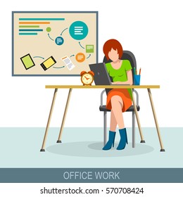 Office work concept. Workplace and job at the computer. Beautiful girl sits before the laptop on a chair in the office. Flat design vector illustration