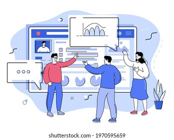 Office work, corporate meeting concept, team partnership, corporate brainstorming, discussing business strategy and planning, charts and analysing statistics. Outline vector illustration