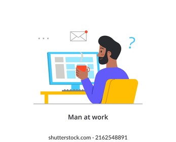 Office work, coworking or freelance concept. Young smiling man working on computer and drinking delicious coffee. Remote employee works at home. Cartoon flat vector illustration in doodle style