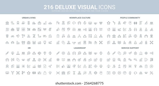 Office work culture, urban life and infrastructure, customer support service line icon set. Help and direction in information search, HR management thin black outline symbols vector illustration