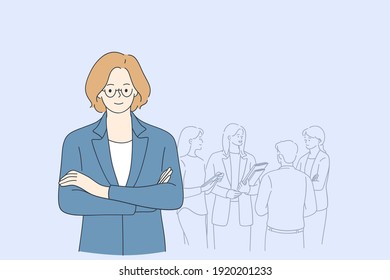 Office work and daily routine concept. Smiling woman female boss in glasses standing with company processes and colleagues during work or job daily routine behind as leader and business controller