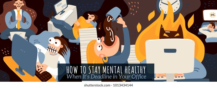 Office work and deadline poster with mental health symbols flat vector illustration