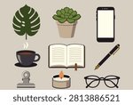 Office work desk elements including a coffee cup, notebook, glasses, smartphone, plant, and candle in flat vector style.