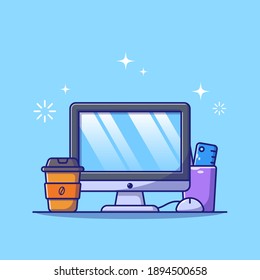 Office Work Desk or Work Space Illustration with a Cup of Coffee, Monitor, and Stationery Suitable for Banner and Flyer. Job and Technology Icon Concept. Flat Cartoon Vector Illustration Isolated.
