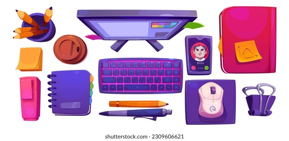Office work desk top view and computer cartoon set. Workspace illustration isolated on white background with notebook, keyboard, monitor and phone. Creative graphic designer geek freelance equipment