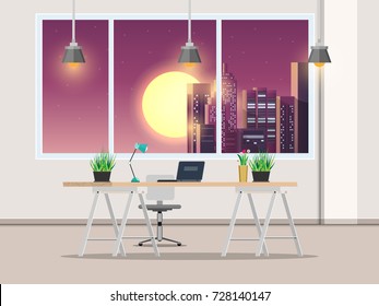 Office with work desk and window Night City, vector illustrations