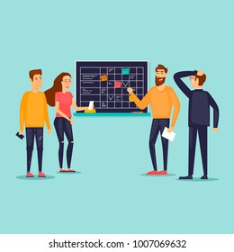 Office work, discussion of plans, teamwork. Flat vector illustration in cartoon style.