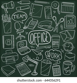 Office Work Doodle Icon Chalkboard Sketch Illustration Clip Art. Vector Design Background.