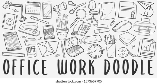 Office Work Doodle Line Art Illustration. Hand Drawn Vector Clip Art. Banner Set Logos.