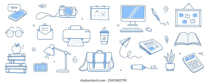 Office work doodle set. Office computer, work desk, notebook doodle icon. Hand drawn blue sketch style illustration. Business, school education hand drawn elements. Vector illustration.