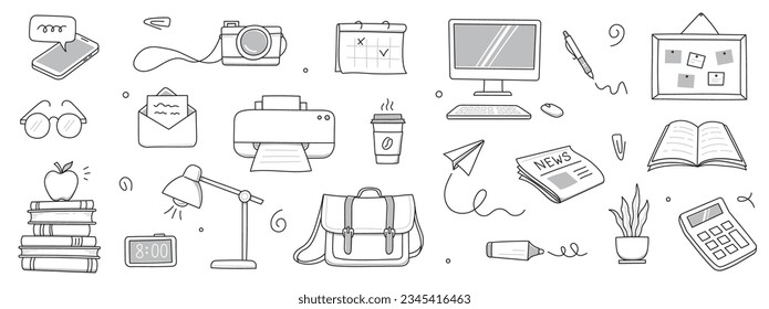 Office work doodle set. Office computer, work desk, notebook doodle icon. Hand drawn sketch style illustration. Business, school education hand drawn elements. Vector illustration.
