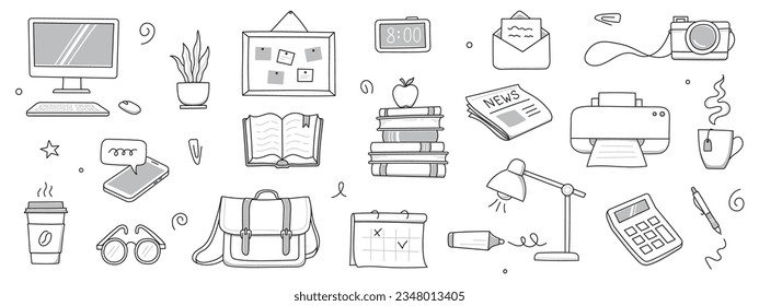 Conjunto de doodles de trabajo de Office. Computadora de oficina, escritorio, icono del doodle de bloc de notas. Ilustración de estilo de esbozo dibujada a mano. Los elementos de la educación en las escuelas y los negocios son de la mano. Ilustración vectorial.