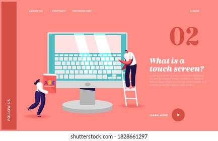 Office Work, Education Landing Page Template. Tiny Characters at Huge Computer Monitor with Keyboard on Screen. Man Stand on Ladder Typing, Woman with Abc Book. Cartoon People Vector Illustration