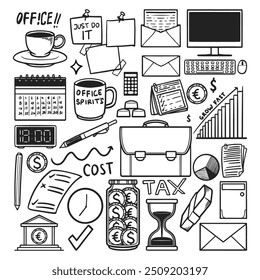 Office Work and Finance Doodle Collection. Business environment through symbols like calendars, cost documents, tax labels, upward trend graphs, and time management tools.