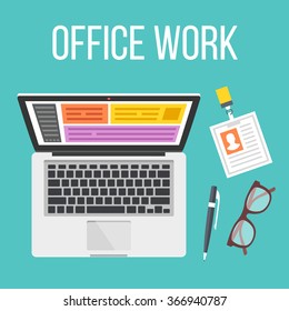 Office work flat illustration. Business flat icons set. Top view. Modern flat design concepts for web banners, web sites, printed materials, infographics. Creative vector illustration