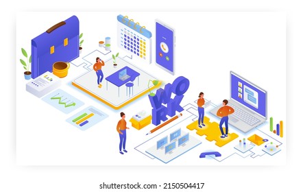 Office work, flat vector isometric illustration. Planning schedule, task management, reminder, teamwork.