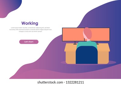 Office work, freelance. Young woman working on computer. programmer, business analysis, design. Vector illustration in flat style. - Vector