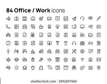 Oficina, trabajo. Conceptos de alta calidad de íconos lineales minimalistas de vectores planos establecidos para sitios web, interfaz de aplicaciones móviles y diseño de productos impresos.