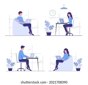 Office work. Work at home concept. Flat colored vector illustration. Isolated on white background.