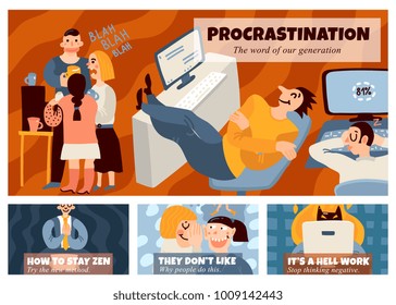 Anuncios Horizontales del trabajo de oficina fijados con la Ilustración vectorial aislada plana de los símbolos de la procrastinación