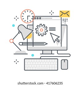 Office, work hours concept illustration, icon, background and graphics. The illustration is colorful, flat, vector, pixel perfect, suitable for web and print. It is linear stokes and fills.