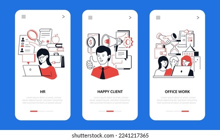 Trabajo de oficina y HR - banners de estilo de diseño de línea con lugar para texto. Contratación, selección de vacantes y candidatos, clientes felices, empresas y trabajo en equipo en un proyecto, revisión y idea de empleo