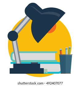 Office work icon with desktop lamp and books.