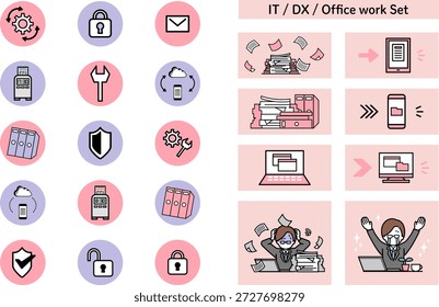 Ein IT- und Büroarbeitssymbolsatz, der den administrativen Arbeits-DX und die Prozessverbesserung eindeutig darstellt