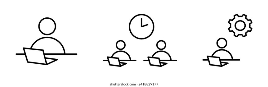 Office work icon set. Workplace in the office sign. A man with a laptop symbol on white. A person in the process of work. icon. Simple abstract icons Vector illustration for graphic design, web